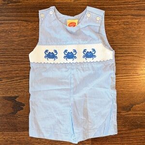 Striped Blue and White Kids Romper with Crab Pattern